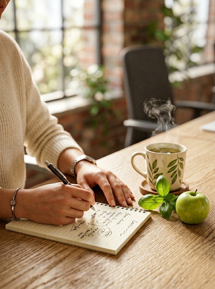 Person macht Notizen am Holztisch mit Tee und Apfel