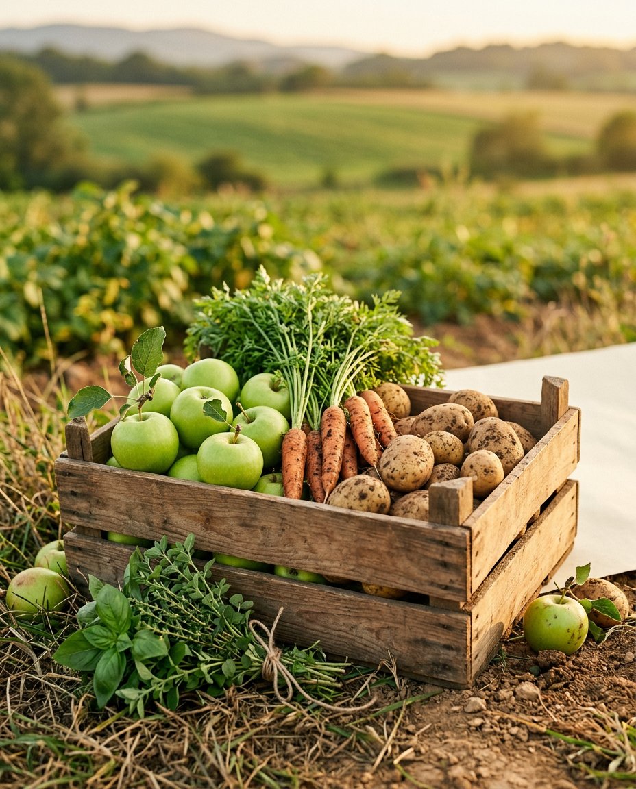Wooden crate with regional harvest at the field edge
